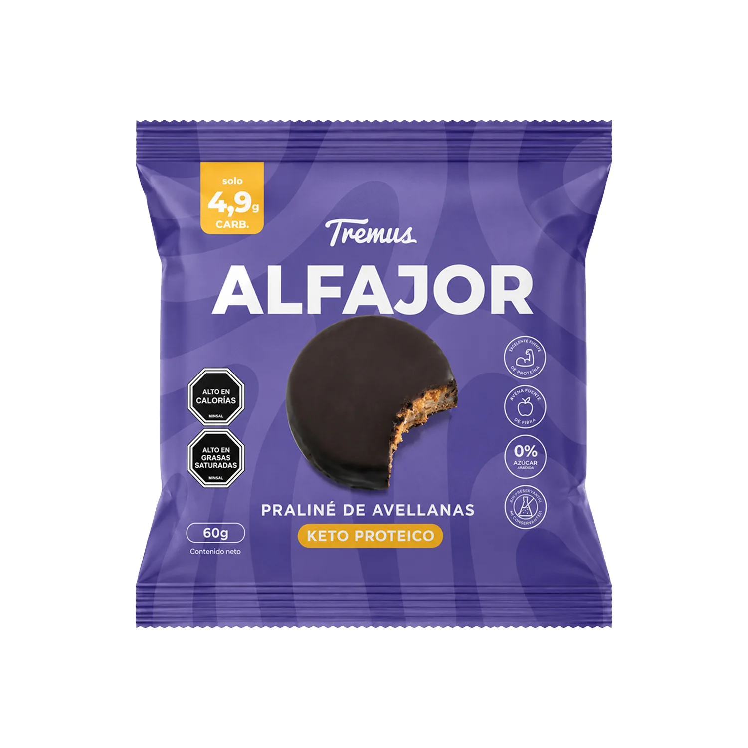 Alfajor de praliné de avellana en su envase individual